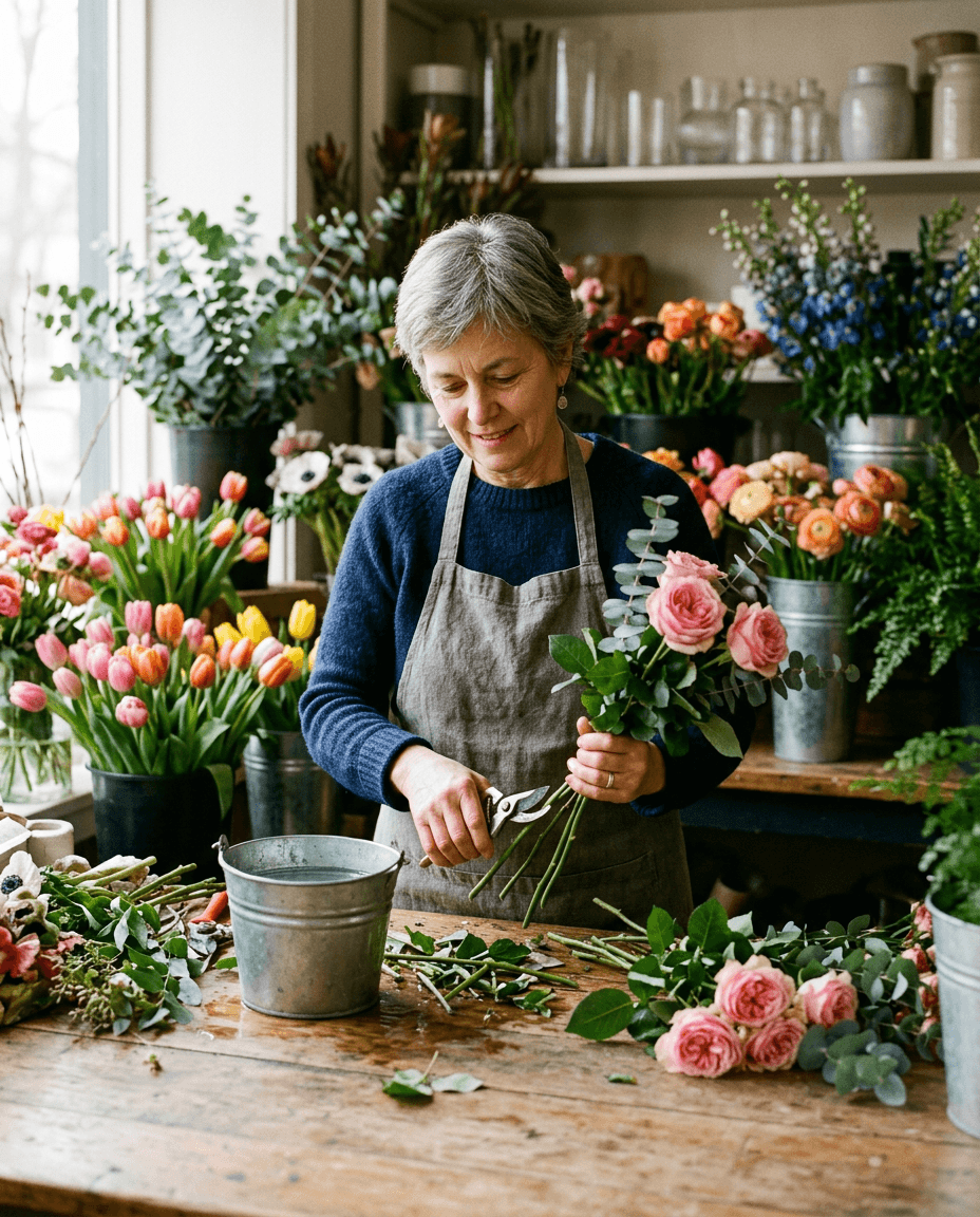 A florist trimming fresh roses in her shop